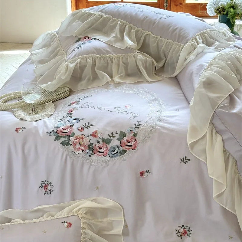 Close up of 600TC Egyptian Cotton Floral Embroidered Ruffled pillowcases