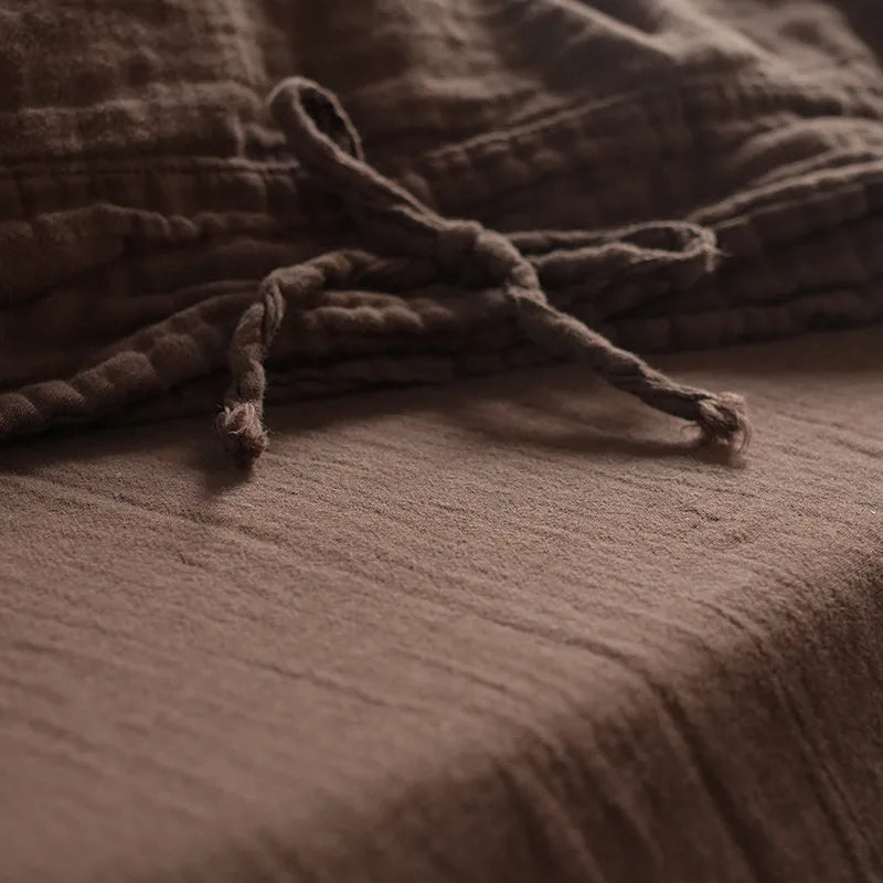 Close up of Chocolate Brown 600TC Cotton Twill Wrinkled Yarn Bedding Set