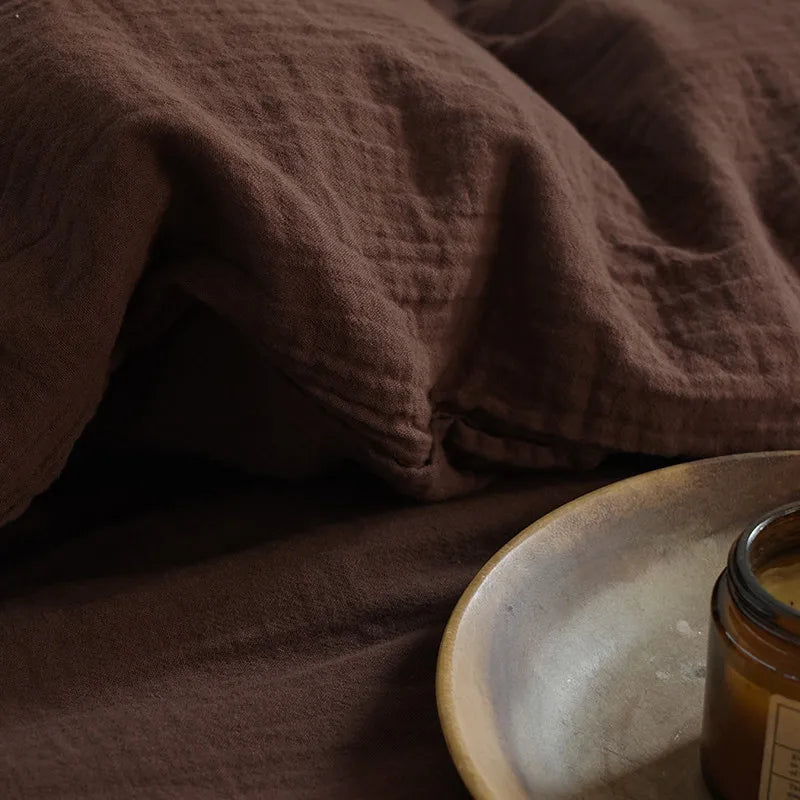 Close up of Chocolate Brown 600TC Cotton Twill Wrinkled Yarn Bedding Set available in Queen, King, Twin, Double and Family sizes
