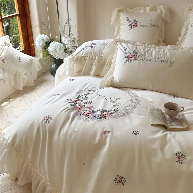 Close up of Embroidered  600TC Egyptian Cotton Floral Duvet Cover Set at The Happy Ladies