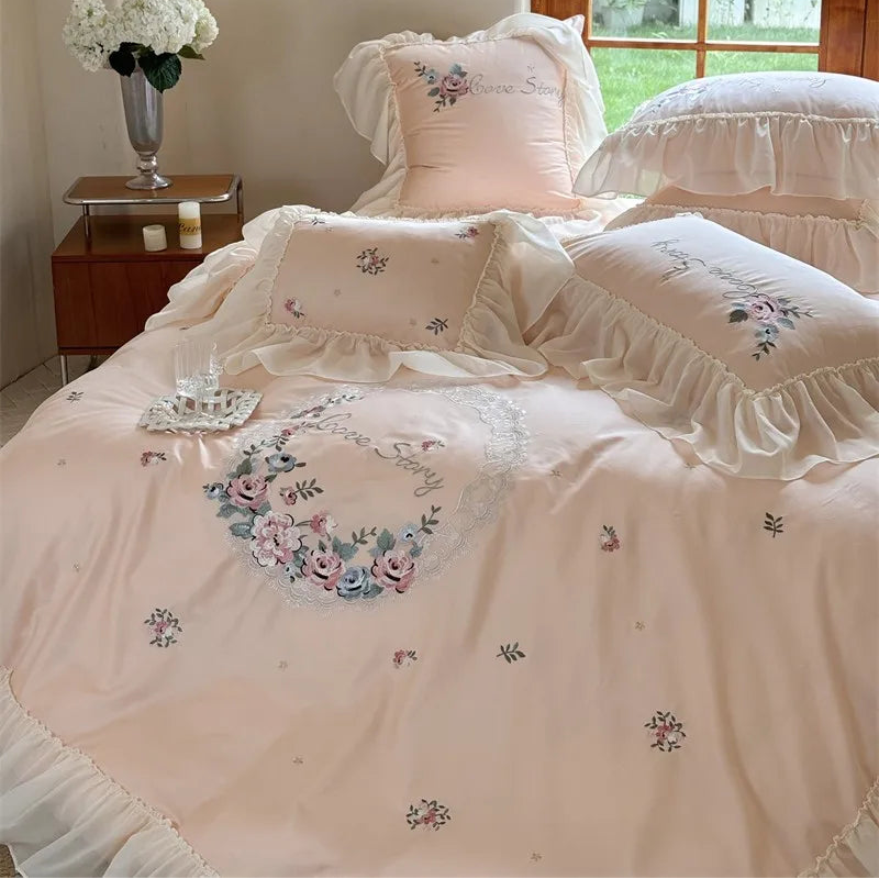 Close up of Floral Embroidered 600TC Egyptian Cotton Duvet Cover Set at The Happy Ladies