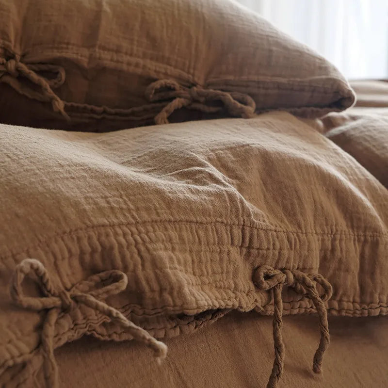 Close up of Light Brown 600TC Cotton Twill Wrinkled Yarn pillow cover