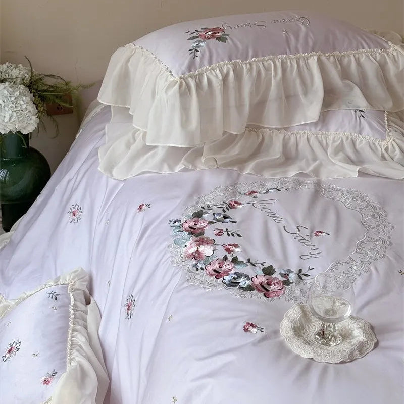 Close up of Lilac Floral Embroidered 600TC Egyptian Cotton Duvet cover set