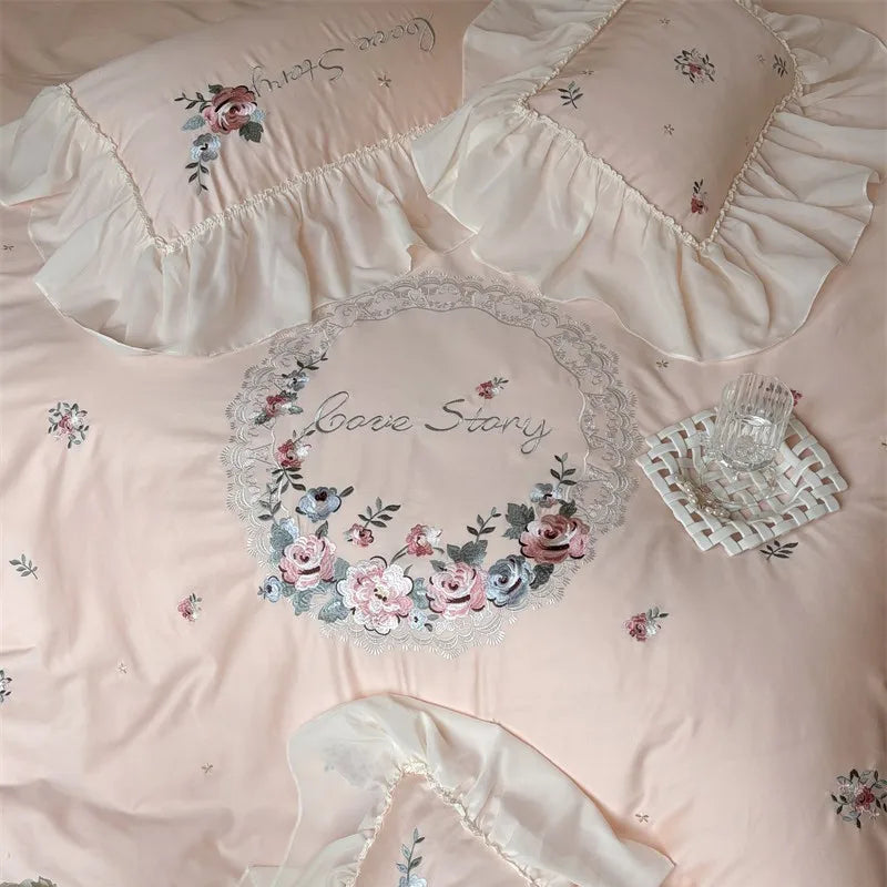 Close up of Pink 600TC Egyptian Cotton Floral Embroidered Duvet Cover