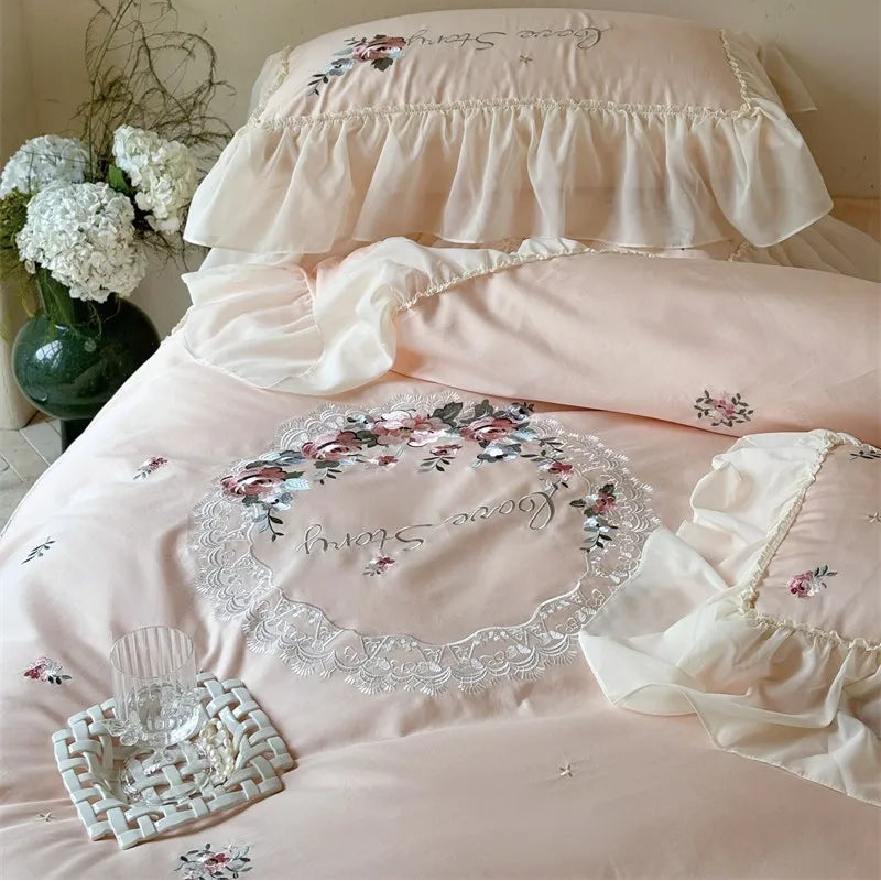 Close up of Pink and Blue Floral Embroidered 600TC Egyptian Cotton  Duvet Cover Set