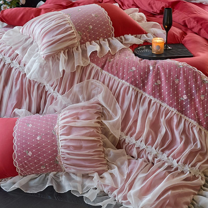 Close up of Pink and Red Princess Style Lace Ruffle Cotton Bedding Set