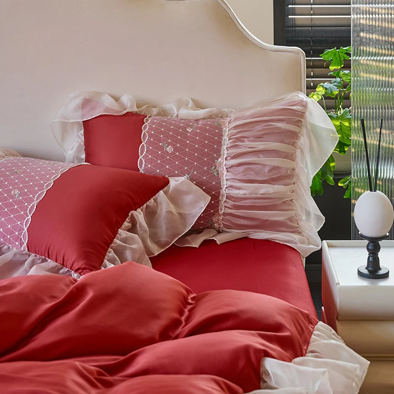 Close up of Princess Style Lace Ruffle Cotton Duvet Cover Bedding Set at The Happy Ladies