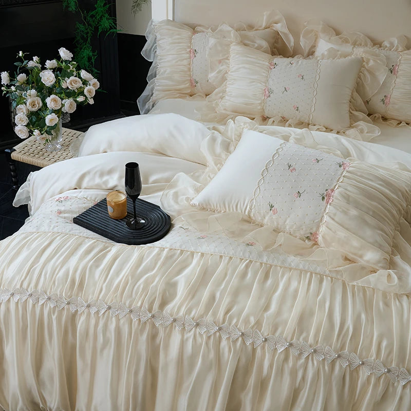Close up of Princess Style Lace Ruffle Cotton Duvet Cover Set available in Queen and King sizes