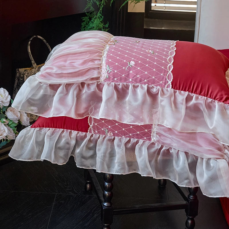 Close up of Princess Style Lace Ruffle Cotton Pink and Red pillowcovers