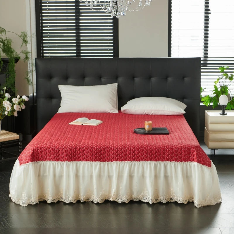 Close up of Princess Style Lace Ruffle Cotton Red and Pink Bed skirt 