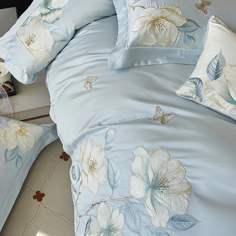 Close up of Sky Blue Floral Embroidery 600TC Cotton Duvet Cover Set 