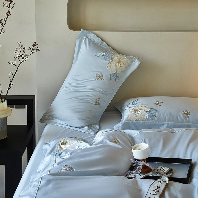 Close up of Sky Blue Floral Embroidery 600TC Cotton embroidered pillowcases