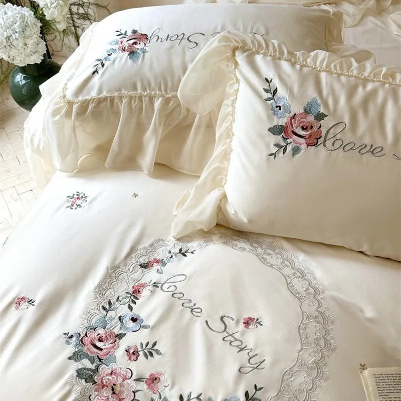 Close up of White 600TC Egyptian Cotton Floral Embroidered bedding set pillowcases