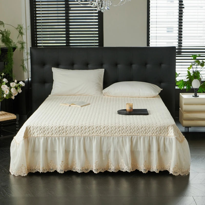 Close up of White Princess Style Lace Ruffle Cotton Bed skirt