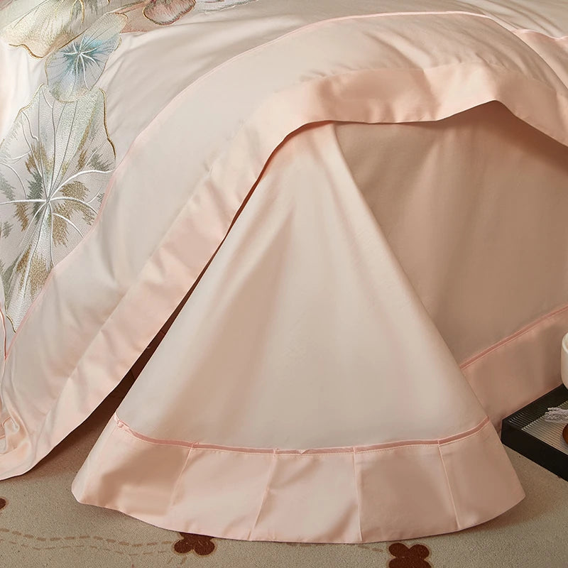 Close up of flat sheet of Floral Embroidered 600TC Cotton Duvet Cover Set