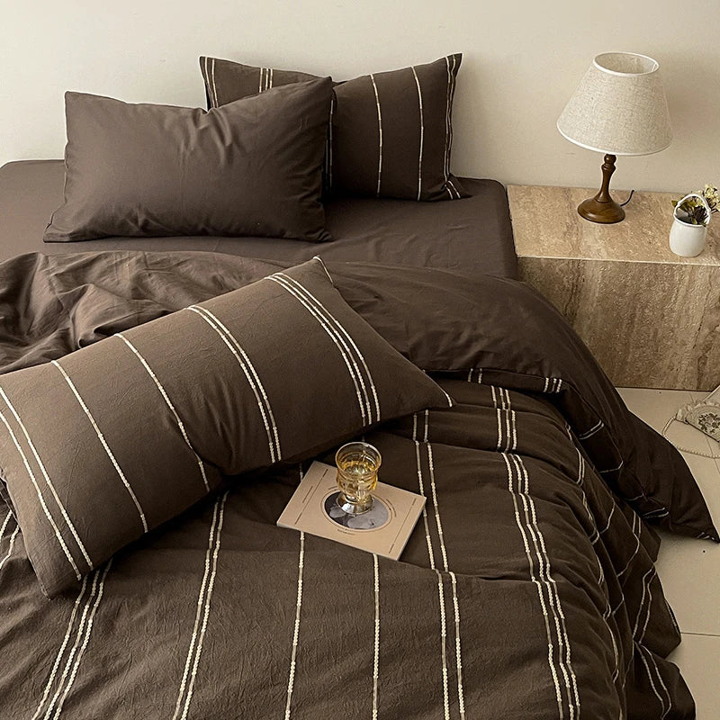 Coffee Brown 400TC Cotton Yarn-Dyed Cream Stripe Cozy Bedding Set