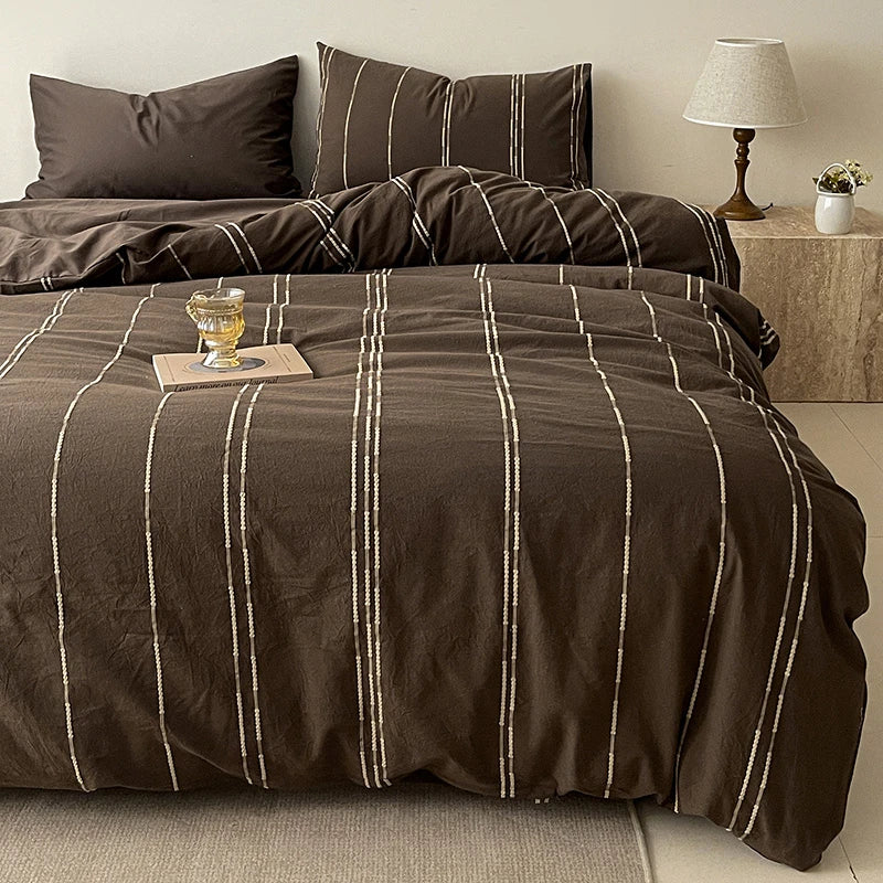 Coffee Brown 400TC Cotton Yarn-Dyed Stripe Bedding Set available in Twin, Double, Queen, King and Family sizes