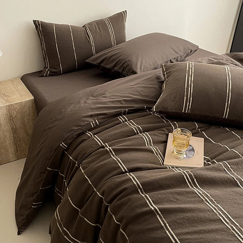 Coffee Brown 400TC Cotton Yarn-Dyed Stripe Bedding Set with sheets, duvet cover and pillowcases