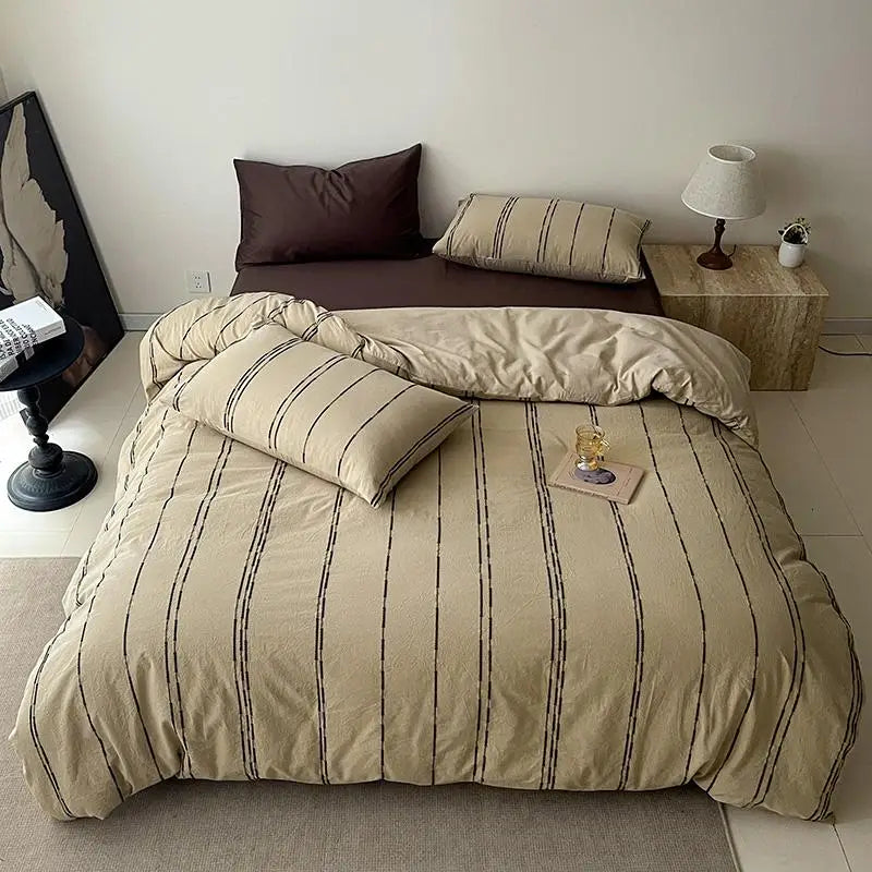 Coffee and Beige 400TC Cotton Yarn-Dyed Stripe Bedding Set Duvet Cover 4Pcs The Happy Ladies
