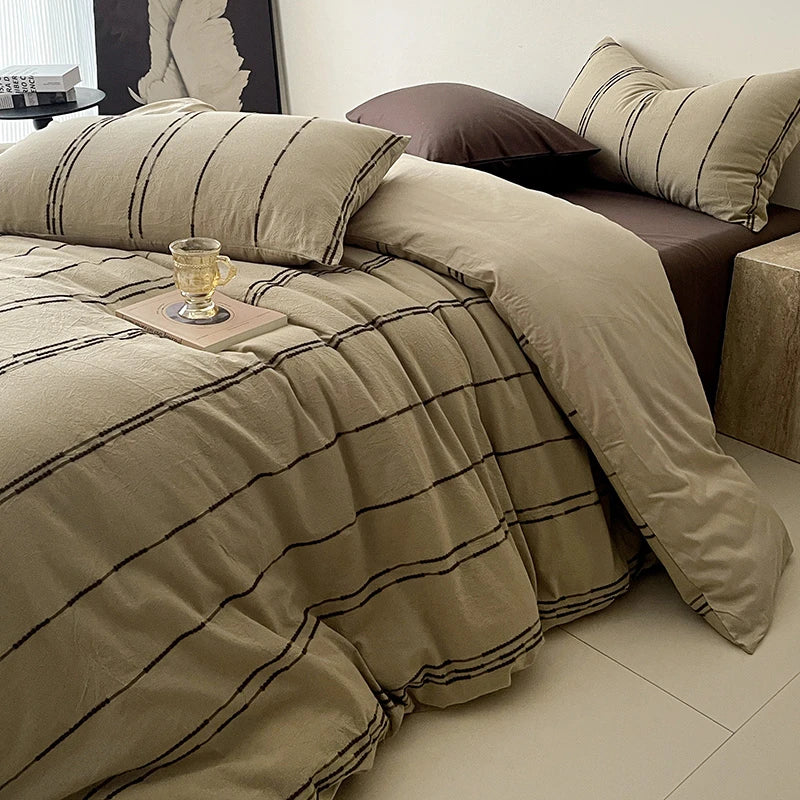 Coffee and Beige 400TC Cotton Yarn-Dyed Stripe Bedding Set includes sheets, duvet cover and pillowcases