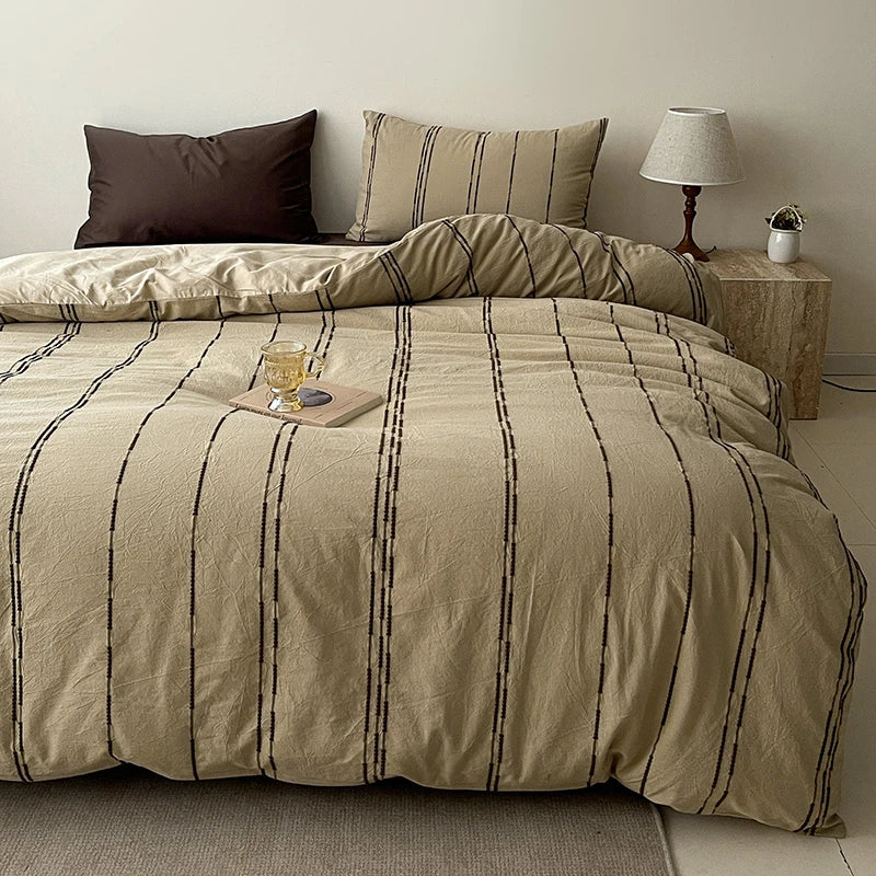 Coffee and Beige 400TC Cotton Yarn-Dyed Stripe Bedding Set with coffee sheets and beige duvet cover