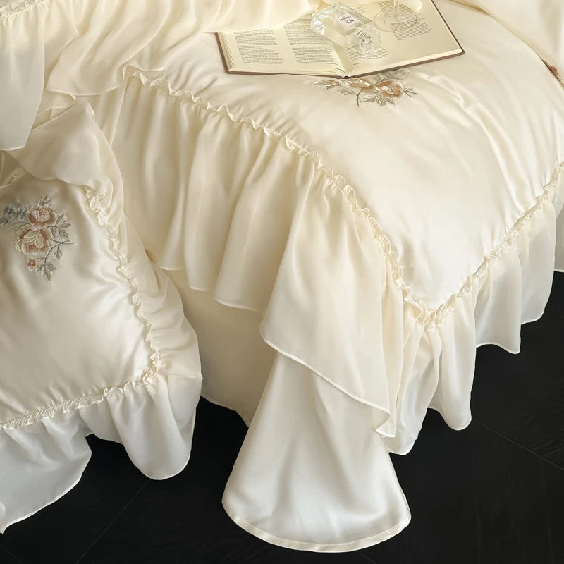 Cream 600TC Chiffon Ruffle Princess  floral Embroidery Bedding Set includes duvet cover, flat and fitted sheets and pillowcases