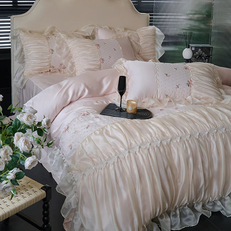 Cream with pink floral Princess Style Lace Ruffle Cotton Duvet Cover Bedding Set