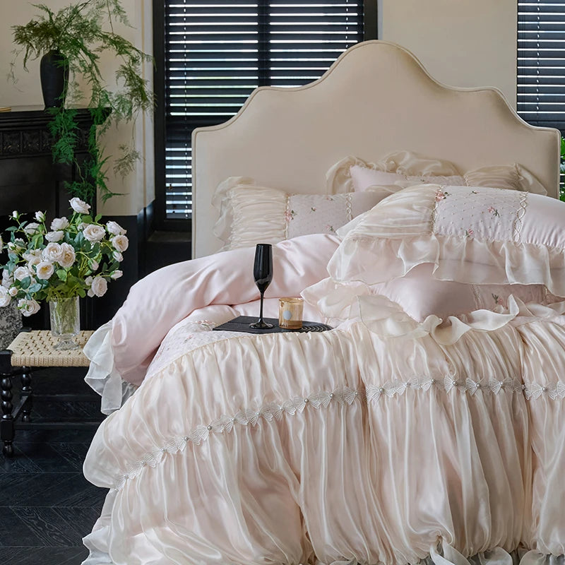 Cream with pink floral Princess Style Lace Ruffle Cotton Duvet Cover Bedding Set available in Queen and King sizes