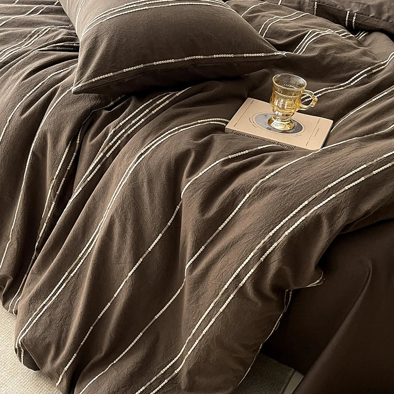 Dark Brown 400TC Cotton Yarn-Dyed Stripe Bedding Set Duvet Cover 4Pcs The Happy Ladies