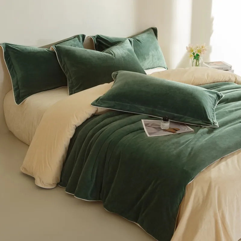 Dark Green 500TC Reversible Fluffy Microfiber Duvet Cover Set with Sheets and Pillowcases