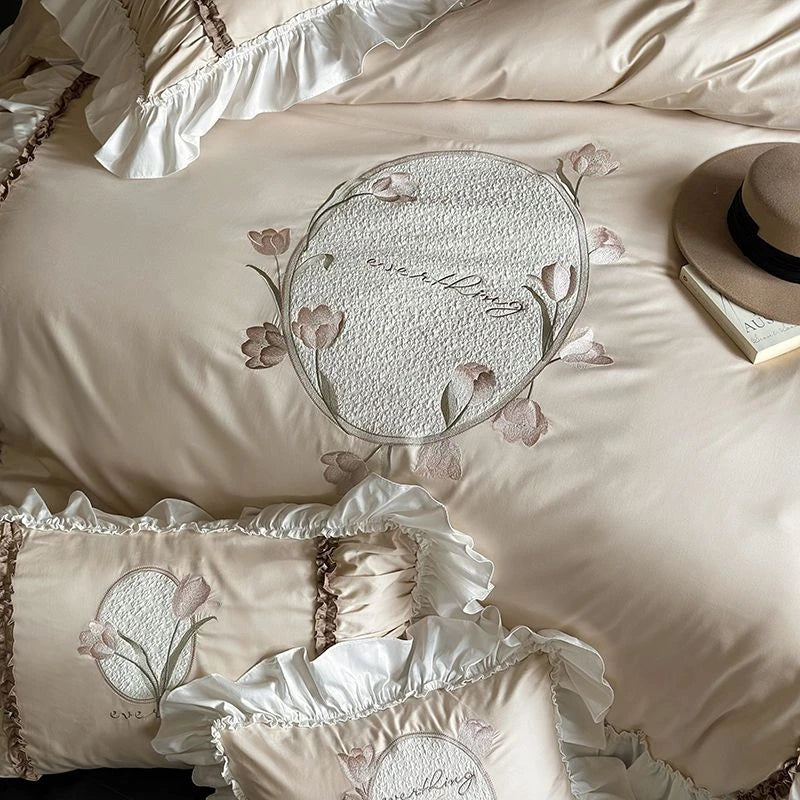 Decorative pillows with floral embroidery on a beige background