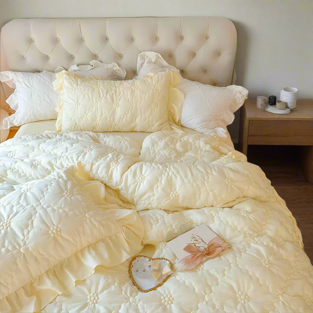 Designer bed sheets Pinch Pleated Cotton Duvet Cover Set in Butter Yellow | Queen & King