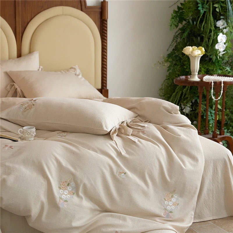 Double bed size 600TC Natural Linen Cotton Blend Luxury Embroidery White Bedding Set