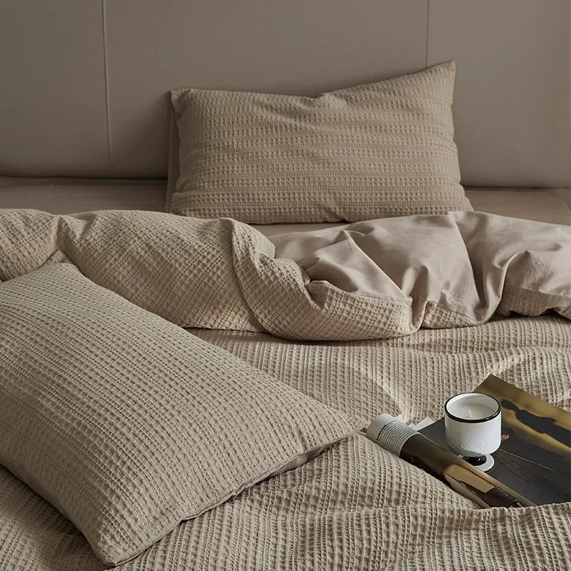 Double bed size 600TC Washed Cotton Waffle Weave Duvet Cover Bedding Set