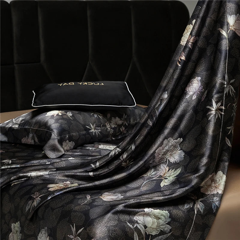 Double bed size Black 600TC Silk-Lyocell Blend Digital Print Bedding Set includes duvet cover, flat or fitted sheets and pillowcases