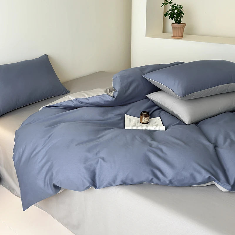 Double size 400TC Reversible 100% Cotton  Soft Duvet & Sheet Set Dark Blue & Gray Bedding Set