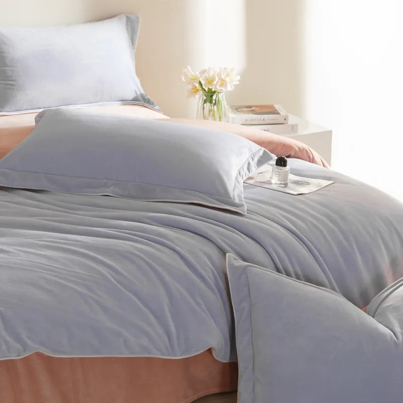 Double size 500TC Reversible Fluffy Microfiber Lilac and Peach Duvet Cover Set with Sheets with Pillowcases