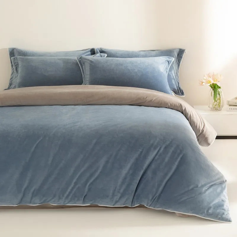 Double size Blue and gray 500TC Reversible Fluffy Microfiber velvet Duvet Cover Set with Sheets and Pillowcases