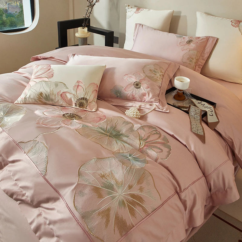 Double size Floral Embroidered 600TC Cotton Duvet Cover Set - Pink