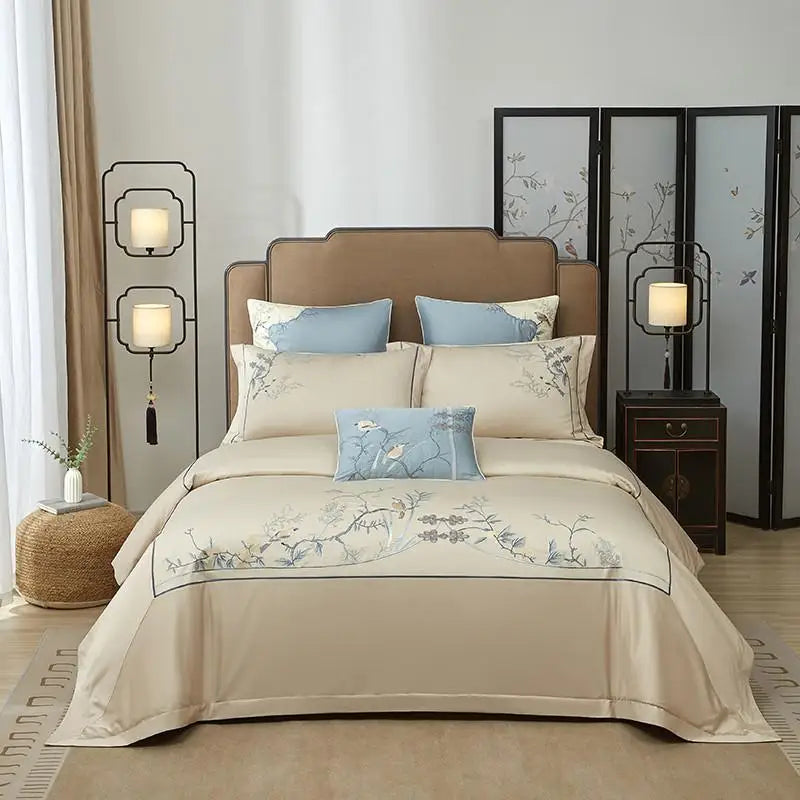 Egyptian Cotton Embroidered Patchwork Bedding Set - Beige