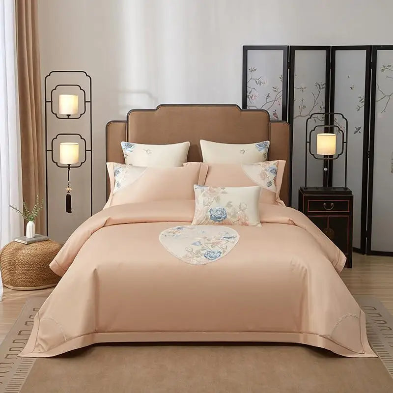 Egyptian Cotton Embroidered Patchwork Bedding Set - Peach