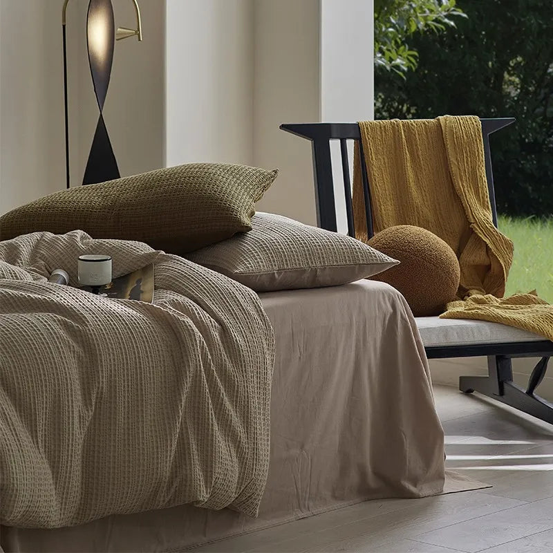 Family size 600TC Washed Cotton Waffle Weave Duvet Cover Bedding Set