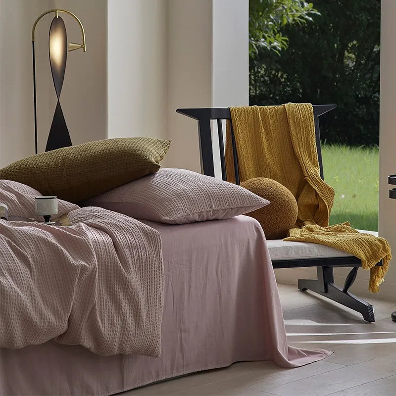 Family size Pink 600TC Washed Cotton Waffle Weave Duvet Cover Bedding Set