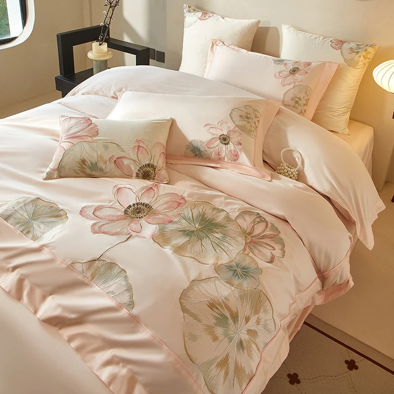 Floral Embroidered 600TC Cotton Duvet Cover Set includes embroidered pillowcases