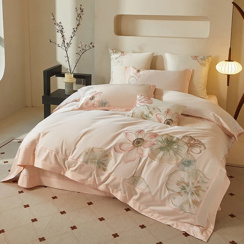 Floral Embroidered 600TC Cotton Duvet Cover Set includes flat and fitted sheets