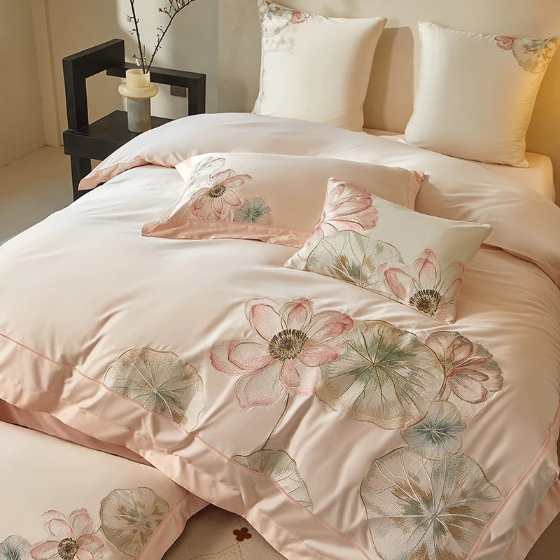 Floral Embroidered 600TC Cotton Duvet Cover Set includes sheet, duvet cover and pillowcases