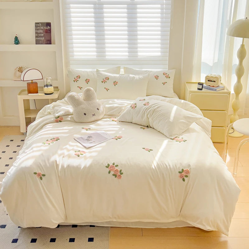 Floral Embroidered Soft Bedding Set with Duvet Cover - White