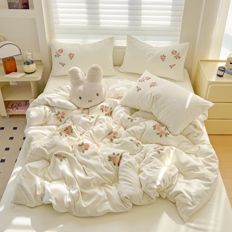 Floral Embroidered Soft Bedding Set with Duvet Cover available in Twin, Queen and King sizes