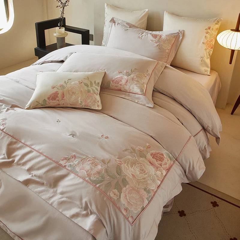 Floral Embroidery 600TC Cotton Duvet Cover Bedding set with floral embroidered pillowcases