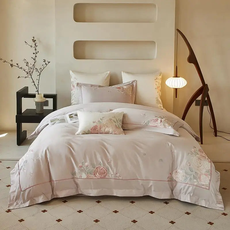 Floral Embroidery 600TC Cotton Duvet Cover Set - Light Beige